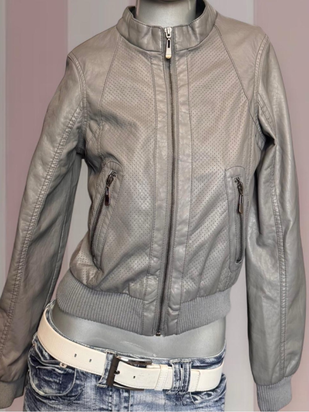 Y2K Grey Faux-Leather Ultra Fitted Jacket